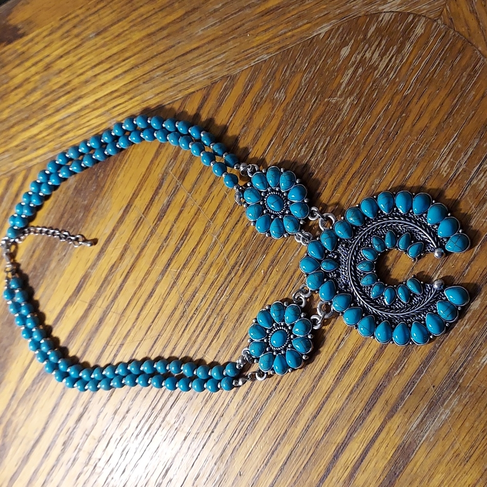 Vintage Native American Turquoise & Silver Squash Blossom Necklace